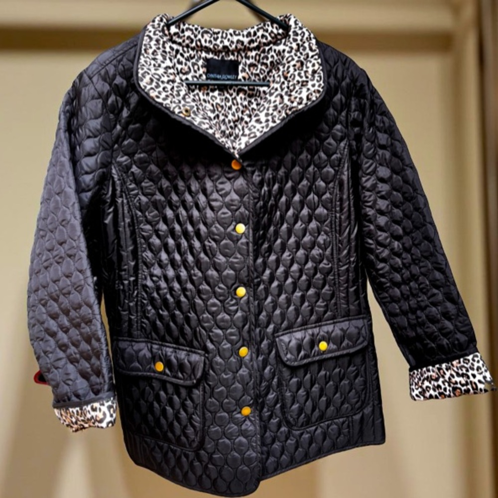 Cynthia Rowley Black Quilted Jacket with Leopard Cuffs 1X